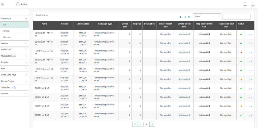 GUI FUOTA list of campaigns